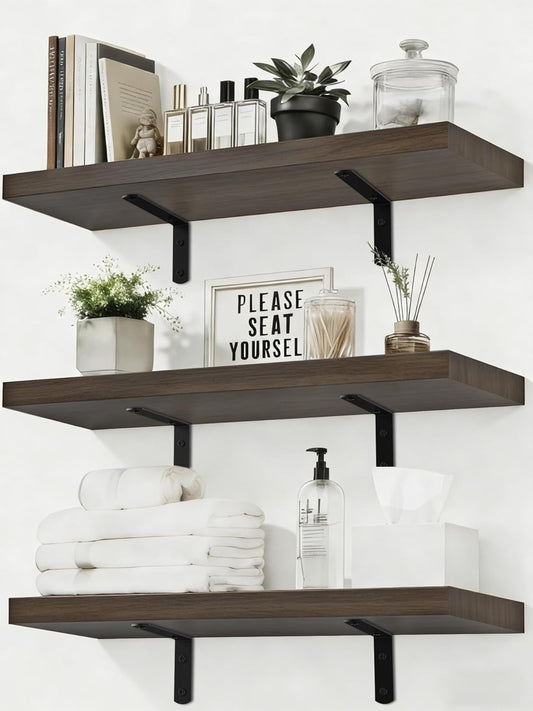 LifetimeWarranty Wall Shelves With Brackets, NOT Floating Easy Install 15.7Inch Solid Wood Shelf 3PCS,Picture Ledge Display Shelf for Living Room Bedroom Kitchen,House Decor Shelf for Book Plant Frame