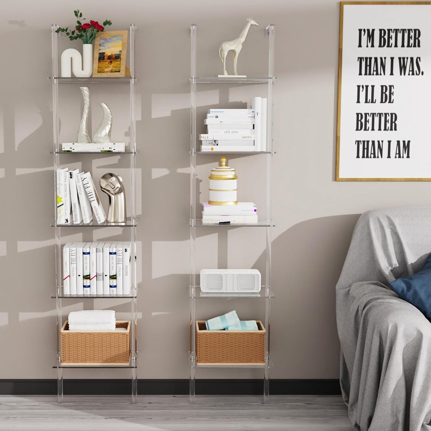 DuvinDD 5-Tier Acrylic Bookshelf Clear Open Bookcase, 15.5" Wide x 71.6" Tall Narrow Skinny Bookshelf, Wall Leaning Storage Shelf Display Shelves with LED Light String, Modern