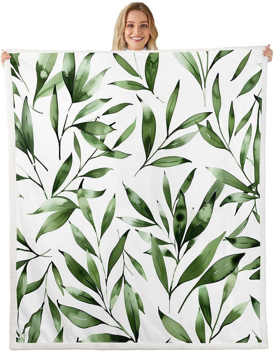 Feelyou Green Leaf Throw Blanket Olive Leaf Soft Fleece Sherpa Cozy Fuzzy Plush Warm Green Fuzzy Plush Throw Modern Farmhouse Throw 50"x60" for Bed Couch Living Room