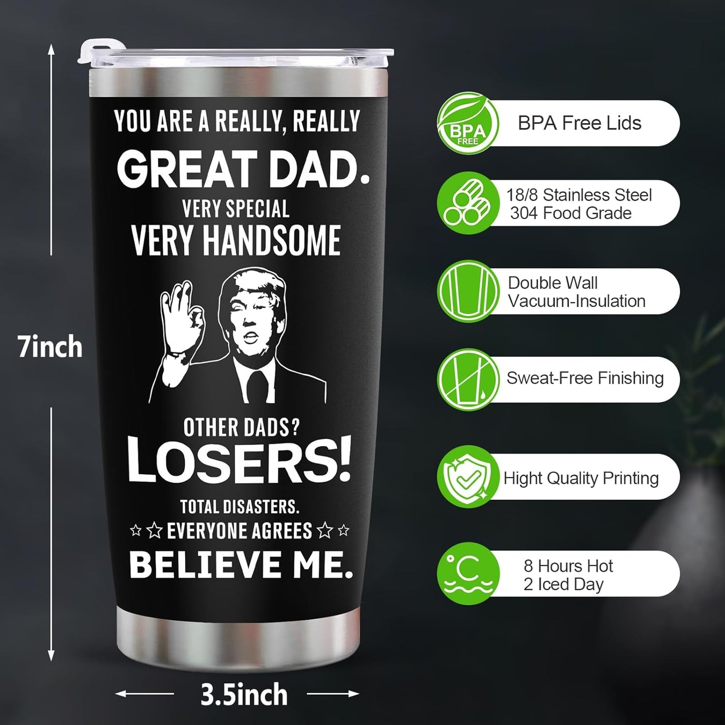 Stocking Stuffers Gifts for Dad Tumbler - 20oz Stainless Steel Vacuum Tumbler w/Lids/Straws/Brush Funny Birthday Gifts for Dad Men Husband Grandpa on Christmas Anniversary Fathers Day