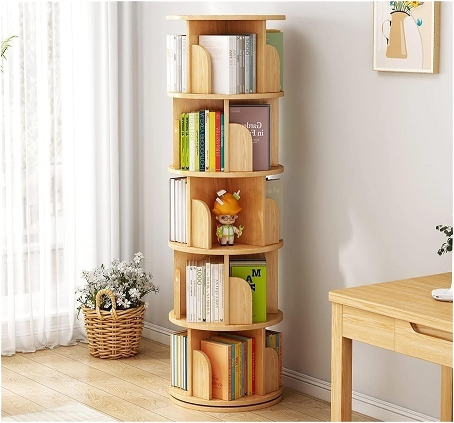 Rotating Bookshelf, Simple Student Storage Shelf Picture Book Shelf for Living Room Bedroom Simple Bookcase MINGPING (Color : Blue 46x46x126cm) (Oak Color 46x46x157cm)