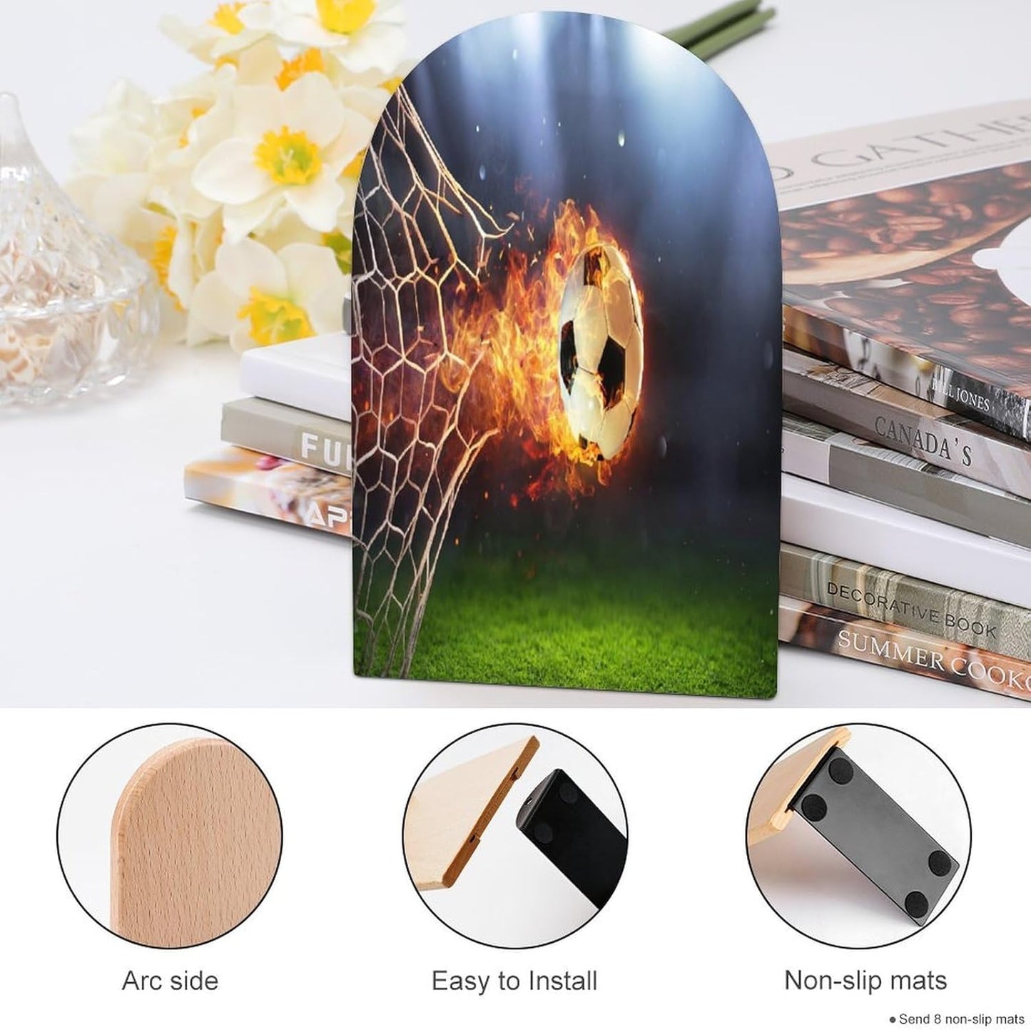 Football Wooden Bookend Non-Slip Book Ends Heavy Duty Book Stopper with Metal Base Books Holderd Decorative Bookends Stands Firmly for Office Supplies