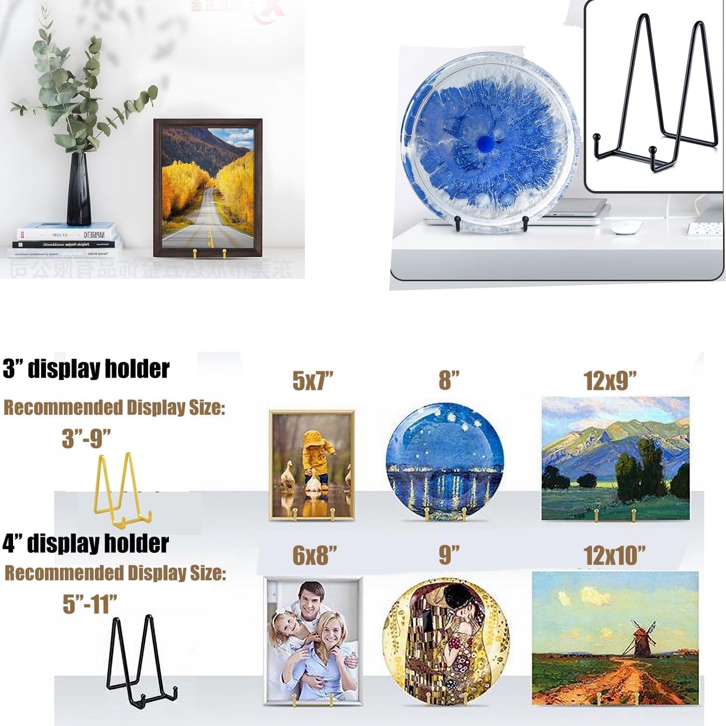 Plate display stand 3 Inch Gold 3‘’ & plate display holder4‘’ 4 Inch Black Metal Plated Kitchen Book Holder/Stand, Wire Metal Easel, Small Photo Stands for Table, Display for Picture Frames, Plaques, & Plates