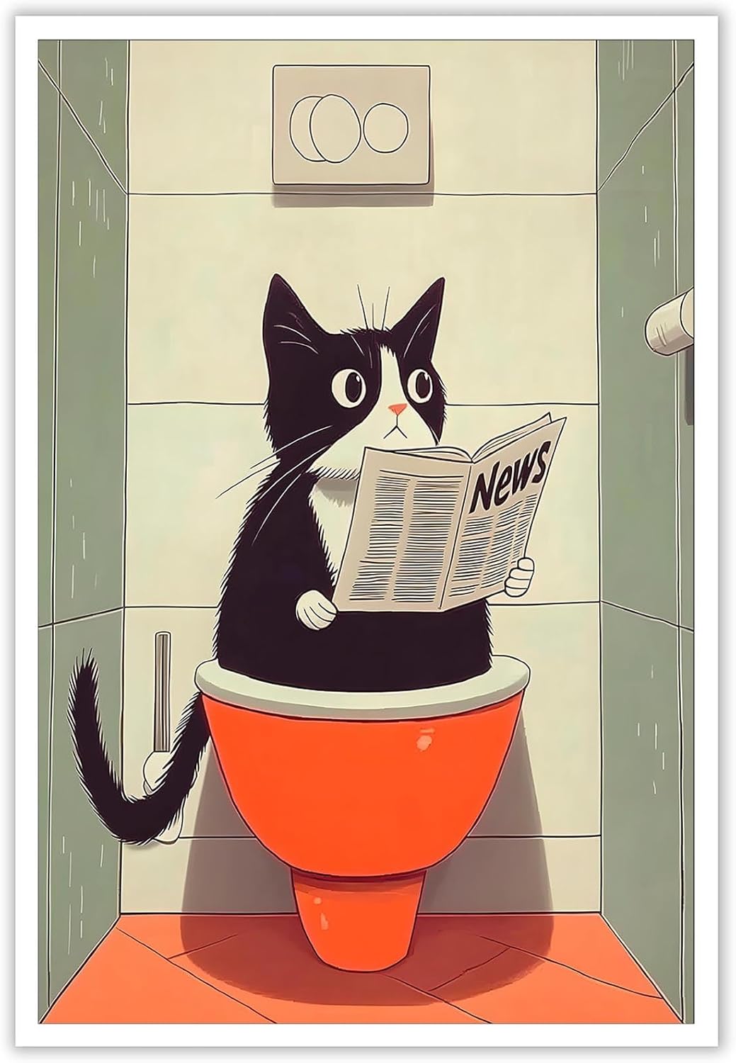 Generic Funny Black Cat Wall Art Poster - Cat Reading Newspaper On Toilet - 12x16in Unframed - Bathroom, Bedroom, Living Room, Office, Kitchen