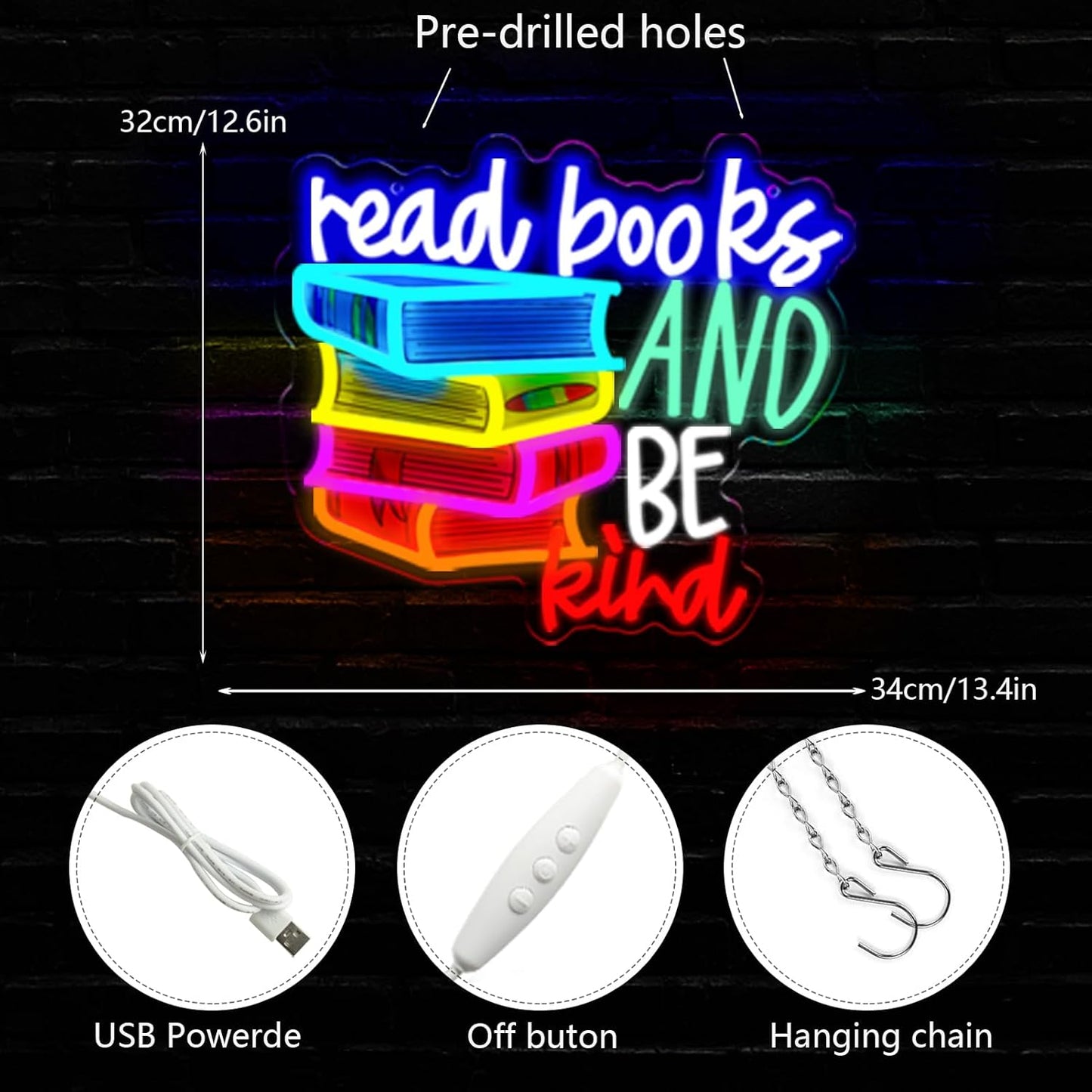 LED Read Books Be Kind Neon Signs Classroom Neon Lights Wall Decor for Reading Room, Classroom, Bookstore, Library, Museum, Study Room Gifts Art for Book Lover, Kids,Friends,family-13.4 x 12.6 IN-USB Powered-Acrylic