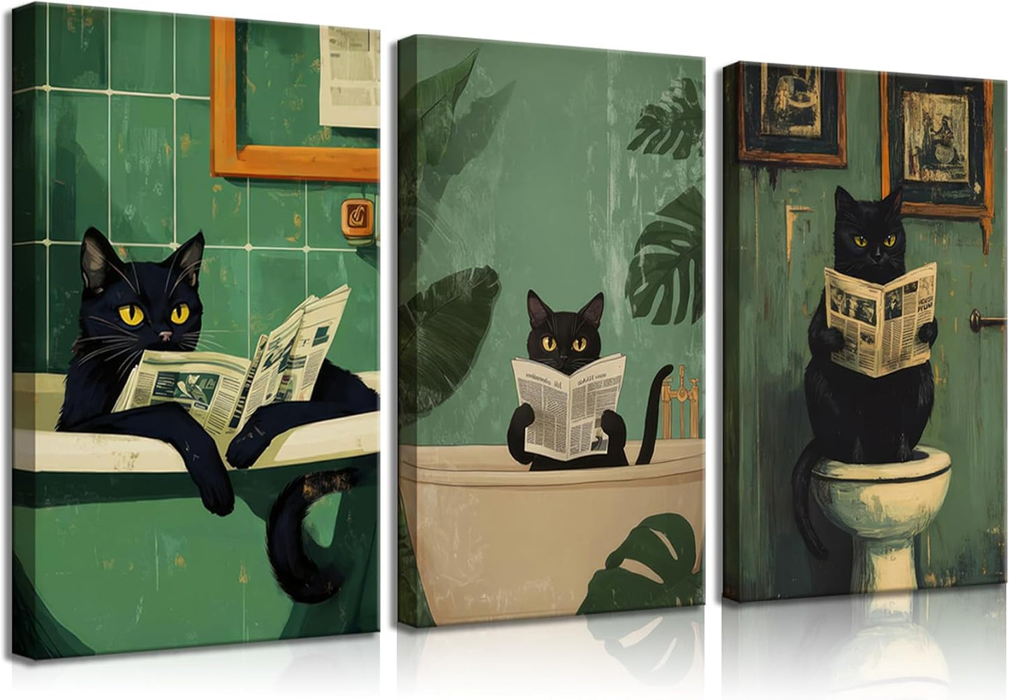 BOKPEN Black Cat Bathroom Canvas Wall Art,Cute Cat Reading Newspaper Funny Bathroom Poster Prints,Green Toilet Art Vintage Painting Artwork for Washroom Aesthetics Whimsical Quirky Room Decor 16x24in
