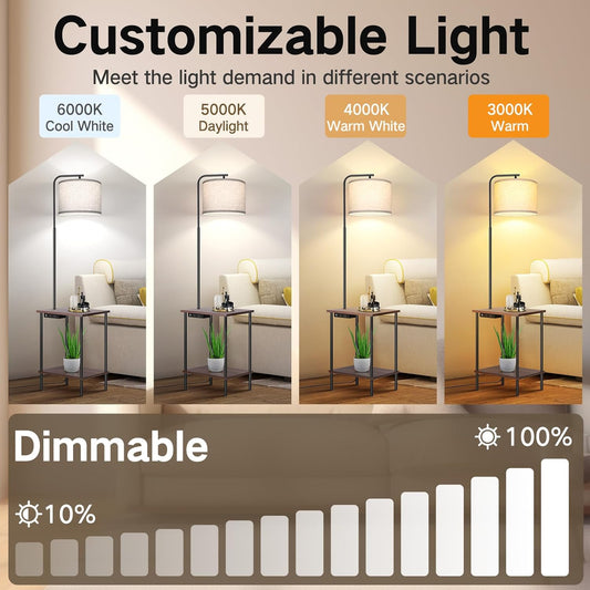 OUTON Floor Lamp with Table, End Table with Lamp Attached for Bedroom, Type C Charging Port, AC Outlet, Side Table with Lamp for Living Room, Nightstand with Remote Control, Dimmer & 4 Color