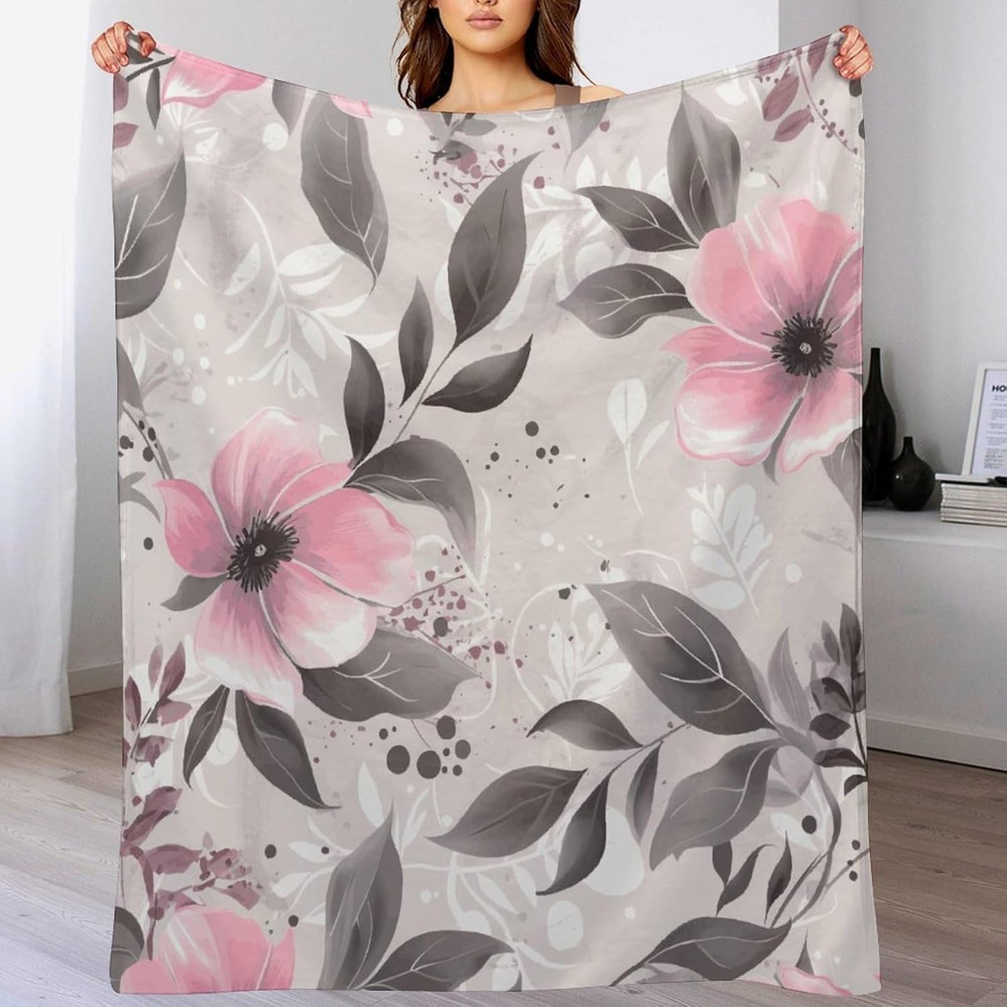 Pink Flowers And Leaves on Gray Blanket Super Soft Lightweight Throw Blanket Cute Cozy Warm Bed Blanket Decorative Fuzzy Blanket All-Season Home Decor Gift for Sofa Couch Living Room 50"*60"（130*150cm