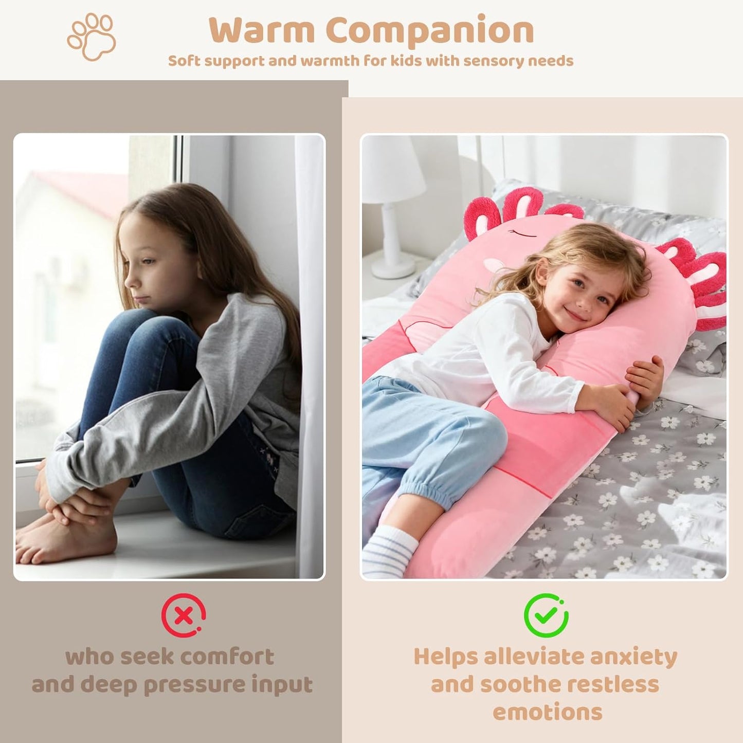 IFOYO Axolotl U-Shape Kids Body Pillow, 43" Minky Kids Full Body Pillow for Sleeping, Reading, ADHD & Sensory Relief, Kid Animal Cuddle Pillows Washable Cover Snuggle Fun Hug Gift for Boys & Girls
