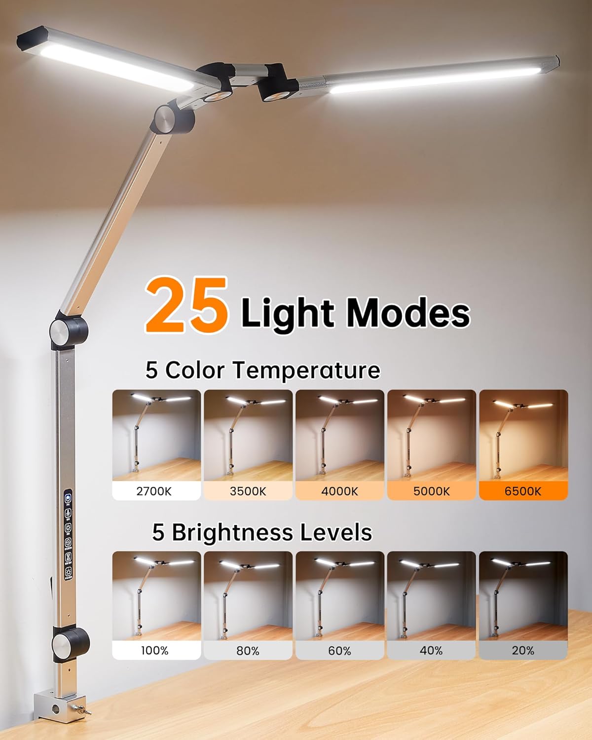 Led Desk Lamp with Clamp, Eye-Care Architect Desk Lamp for Home Office with Remote, 24W Ultra Bright Double Head Aluminum Computer Monitor Light for Reading Study Drafting, 25 Lighiting Modes