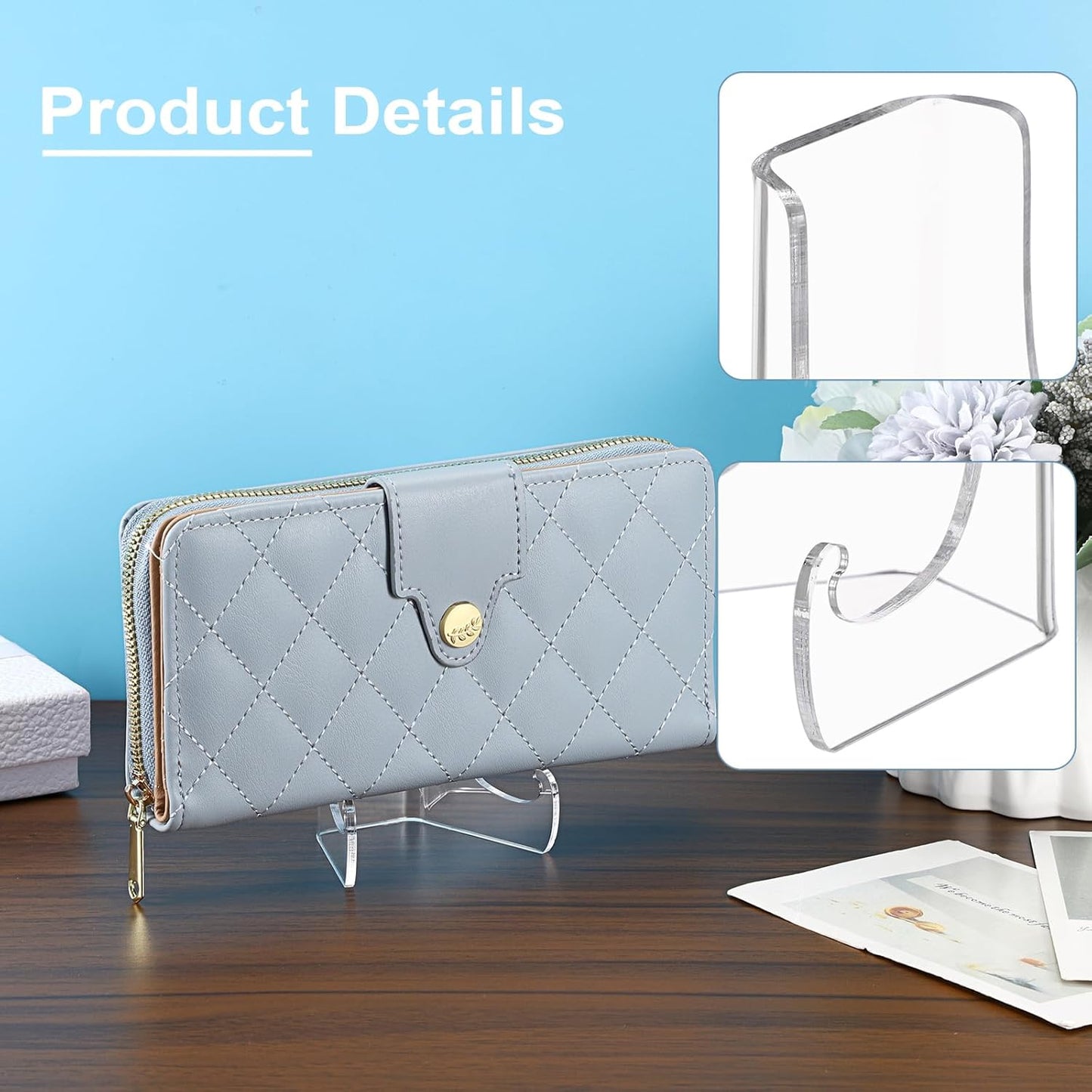 JUXYES 3 Pack Acrylic Wallet Display Holder Stands, Portable Easels Display Stand Clear Plate Display Rack for Boutique, Retail Countertop Acrylic Display Stand for Hand Purse, Wallet, Photos, Book