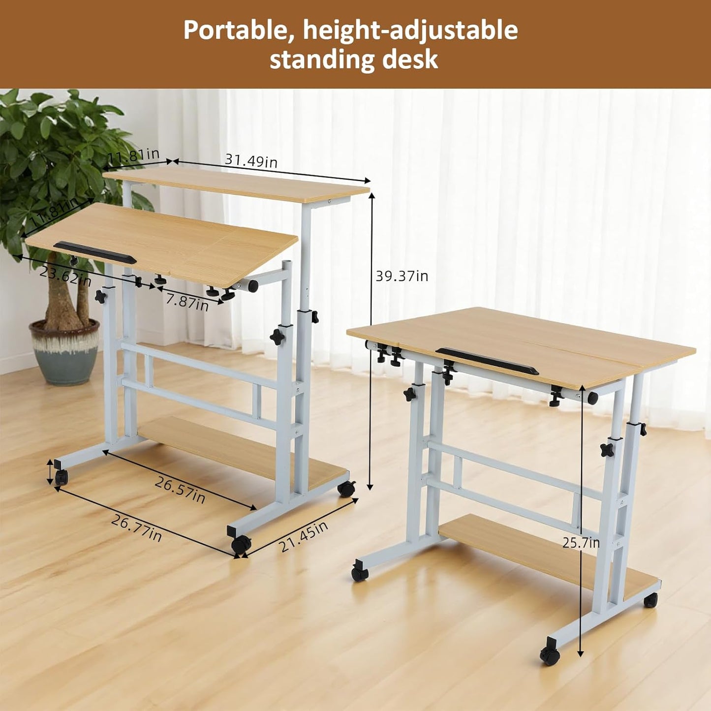 FAHKNS Small Standing Desk, Adjustable Height Portable Standing Desk with Wheels, Mobile Stand Up Desk for Home Reading Desk and Office Work