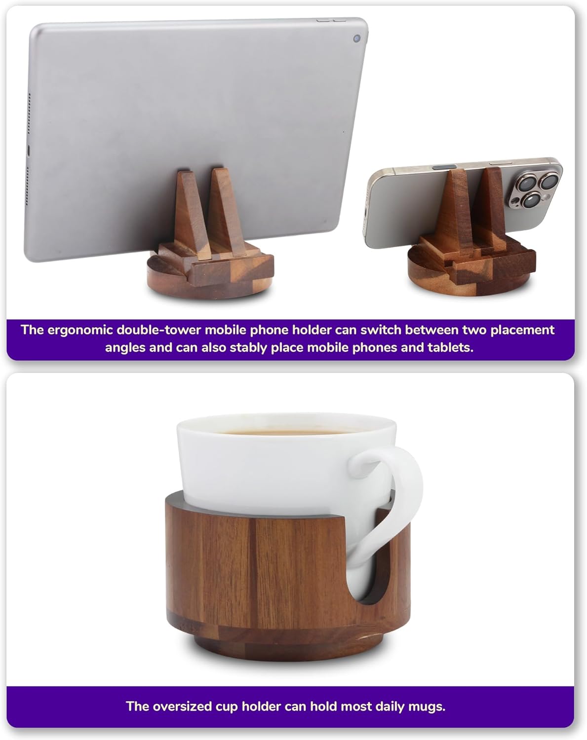 Couch Armrest Table with Oversized Cup Holder & Dual-Tower Phone Stand 3-in-1 Sofa Arm Tray, Acacia Wood Couch Arm Table with 360° Rotating Holders, Foldable Couch Cup Holder Tray for Drinks & Snacks
