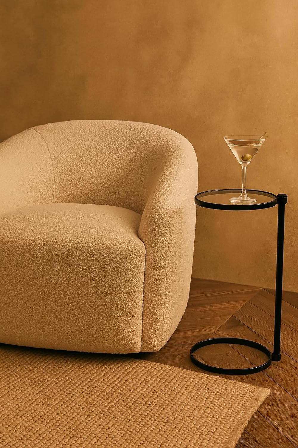 TEHOME Gold Glass Drink Table Metal Martini Round Small Drink Side Table for Couch Tempered Glass C Shaped End Table for Sofa 10" diam,24.55" h