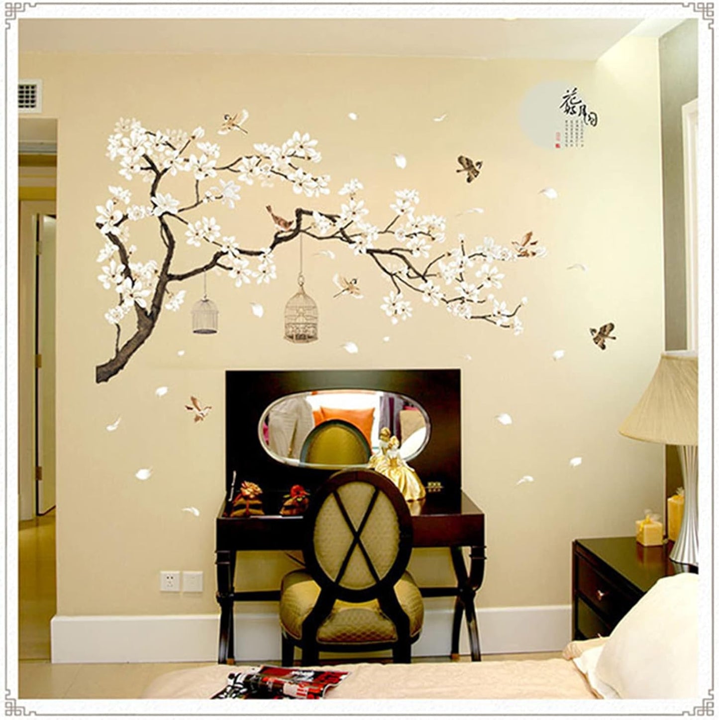 Large White Flower Wall Stickers, 50"x74" Removable DIY Romantic Cherry Blossom Tree Wall Murals Peel and Stick 3D Wall Art Stickers Home Decor for Gilrs Bedroom Nursery Rooms Living Room