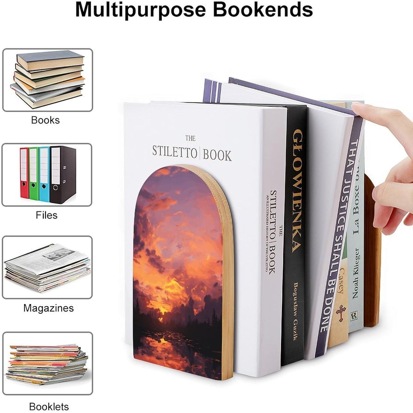 Sunset at Dusk Bookend for Shelves Wooden Book End Large Size Sturdy Book Holders Stoppers with Metal Base for Bookshelves Slick Decorative Bookends Stands