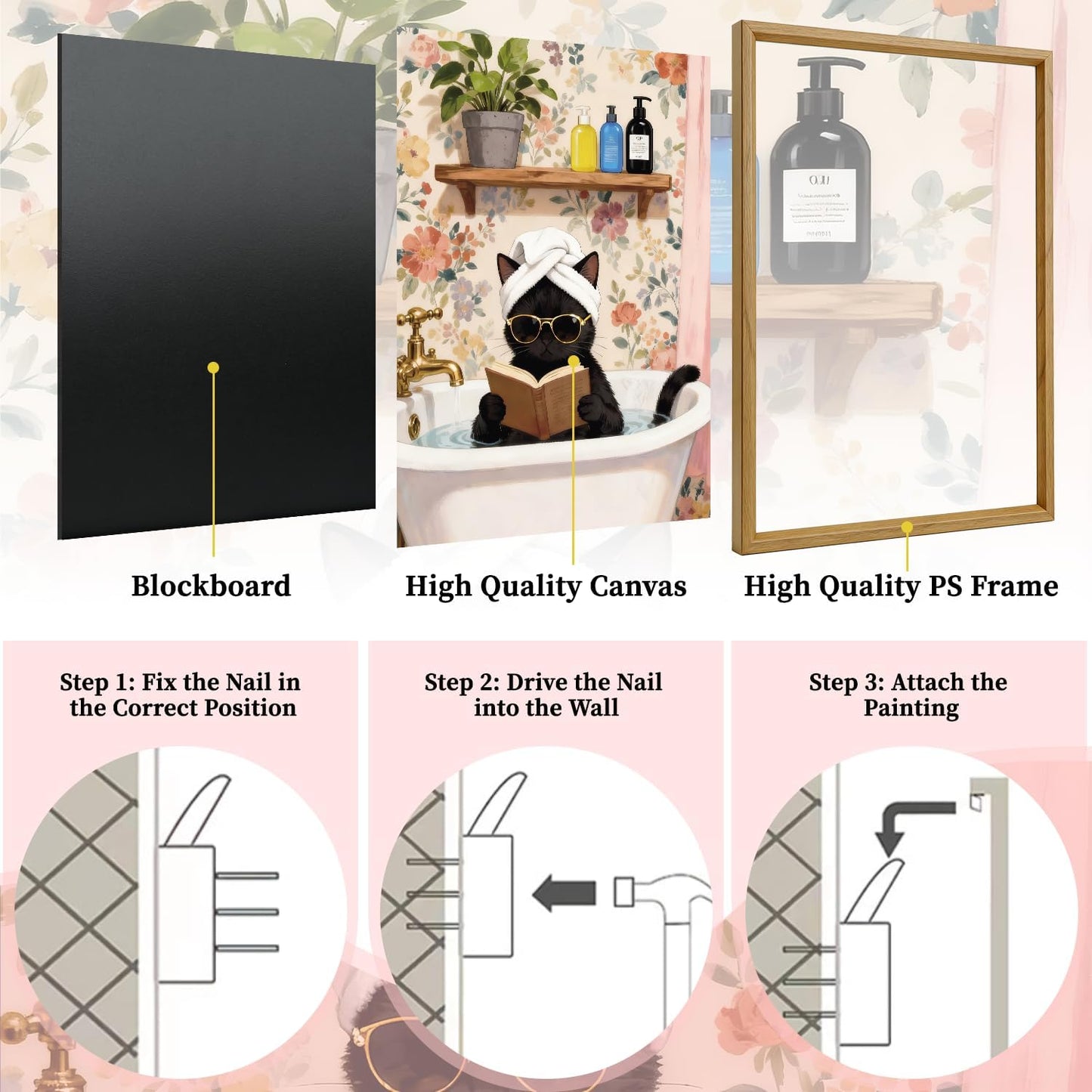 Framed Funny Cat Wall Art, 12" x 16" Canvas Tub Black Cat Reading Books Bathroom Wall Art, Vintage Aesthetic Lover Animal Prints for Room Bedroom Bathroom Living Room Home Office