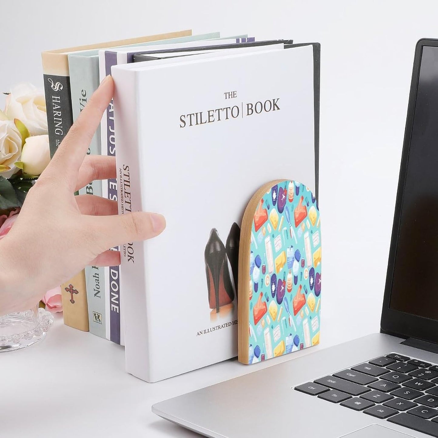 Gradient Medical Items Pattern Bookends 1 Pair Heavy Duty Book Ends for Shelves Non-Skid Bookend Supports Wooden Book Holders with Metal Base Desk Organizers Books Storage to Hold Books