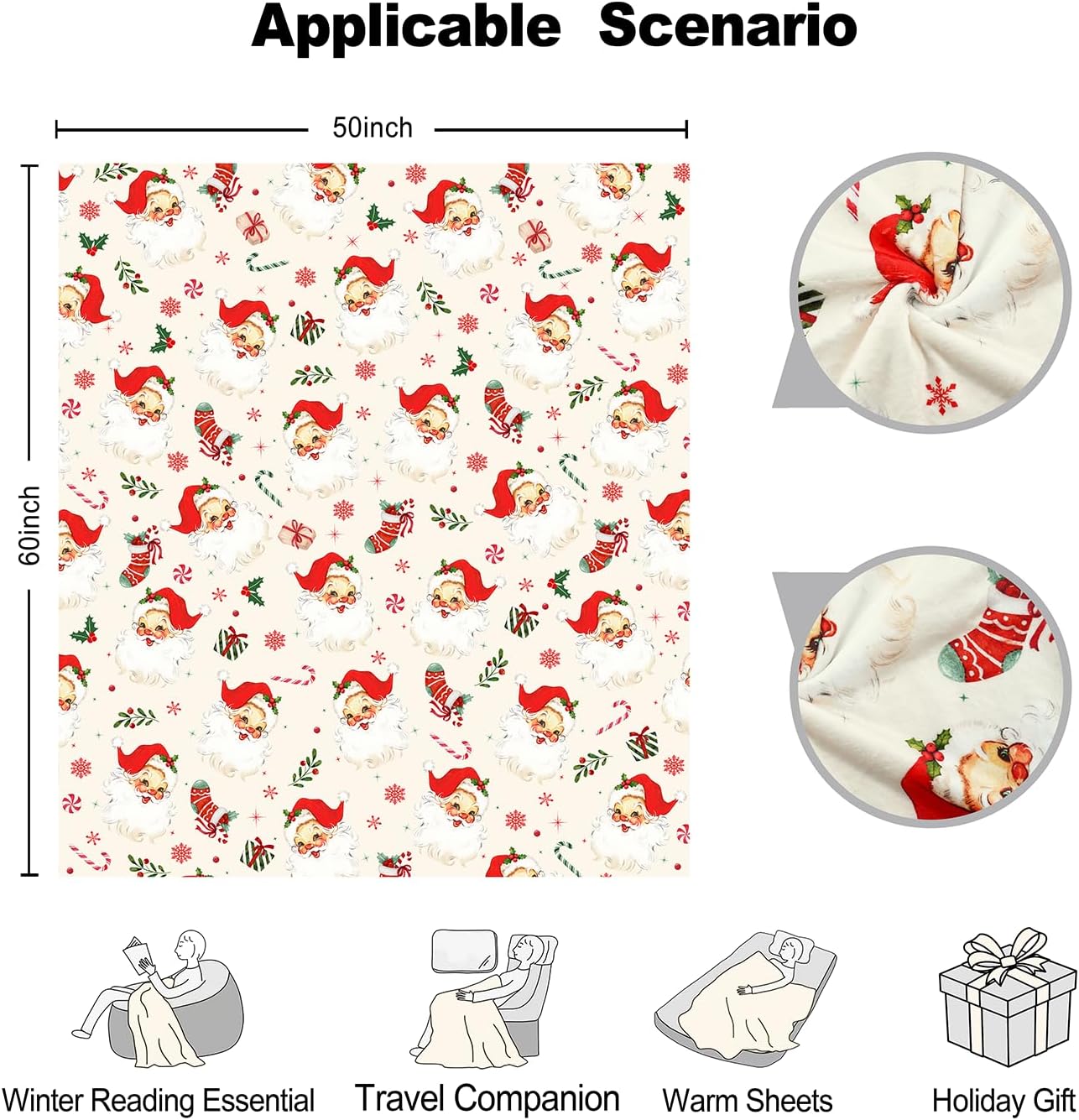 Christmas Santa Flannel Soft Warm Cozy Blanket for Sofa and Chair 50x60inch,Christmas Decor Stuff Accessories