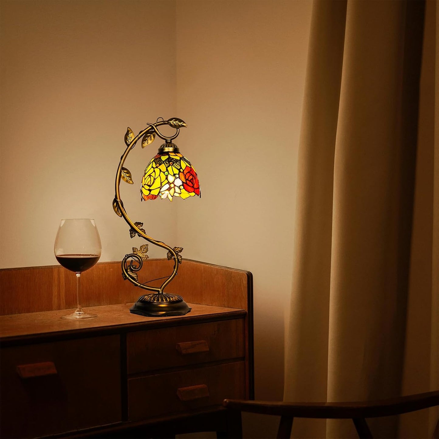 Skyblaze Tiffany Style Table Lamp with Metal Leaf, Stained Glass Desk Lamp, Vintage Night Light, Art Deco Reading Light with Handmade Lampshade for Nightstand Living Room (Rose)