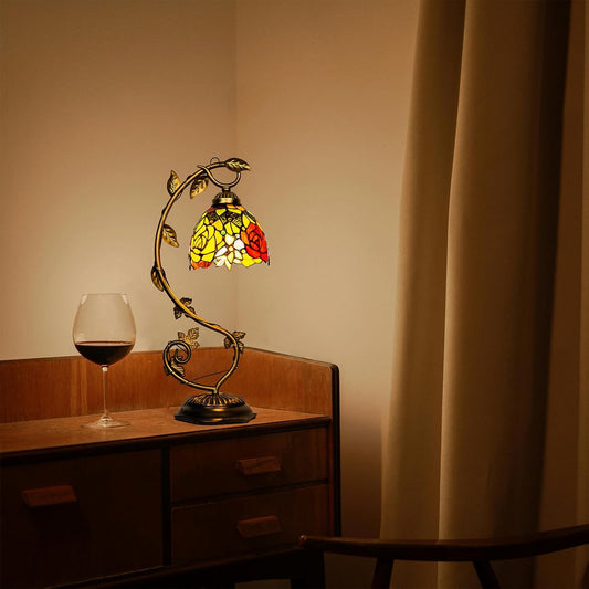 Skyblaze Tiffany Style Table Lamp with Metal Leaf, Stained Glass Desk Lamp, Vintage Night Light, Art Deco Reading Light with Handmade Lampshade for Nightstand Living Room (Rose)