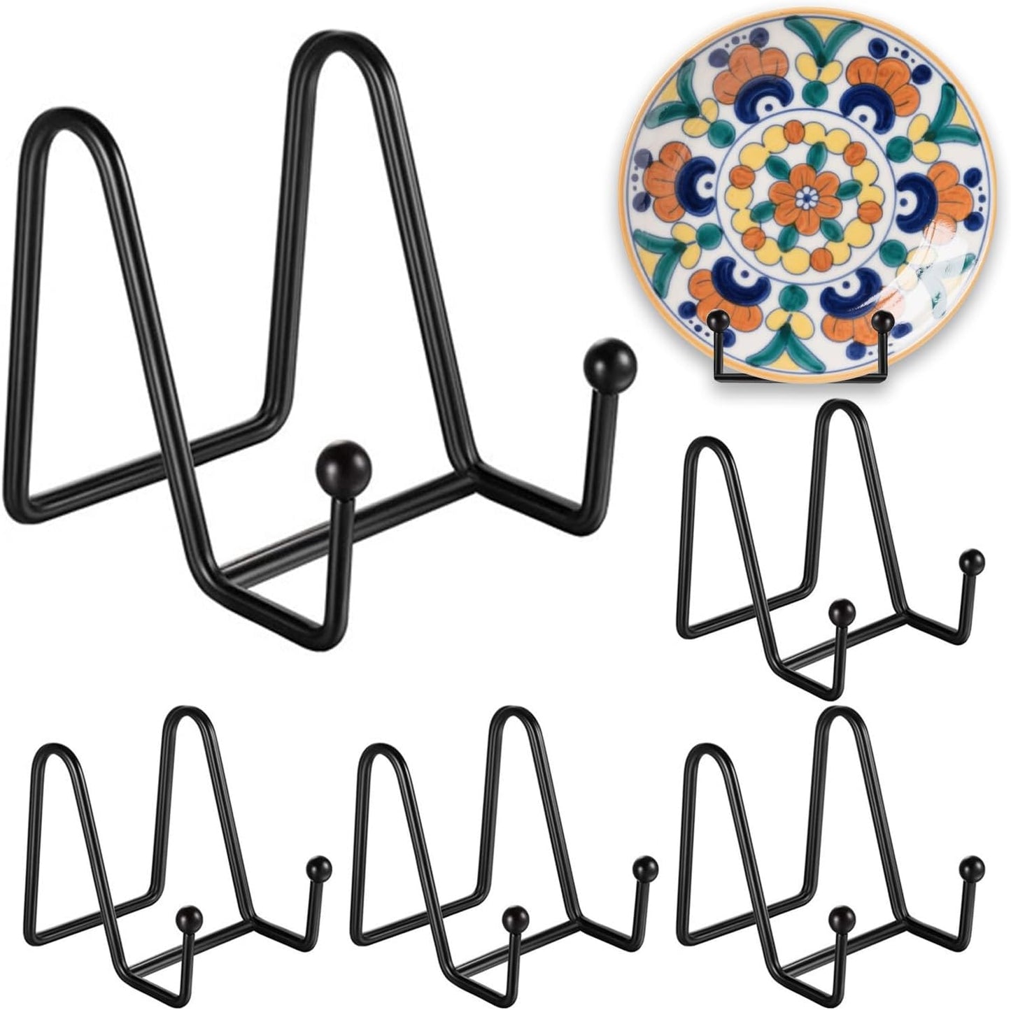 5 Pack 4 Inch Black Metal Display Stands, Plate Holders for Picture Frames, Books, Photos, Small Easels, Decorative Platters, and Tabletop Art