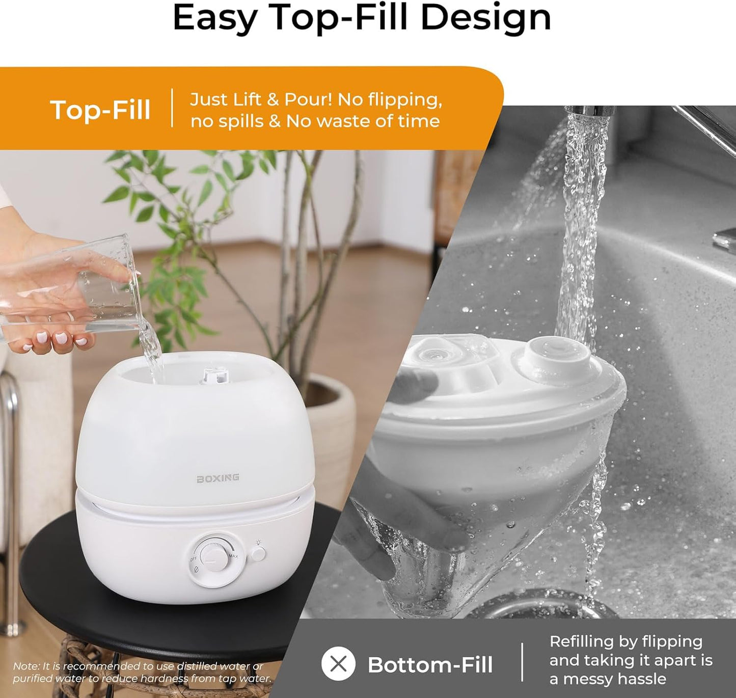 BOXING 3L Cool Mist Humidifier, Ultra Quiet 20dB for Bedroom, Baby & Office, Top Fill Air Humidifier for Home Office & Indoor Plants, 30H Runtime, Essential Oil Tray, Night Light, BPA-Free, White