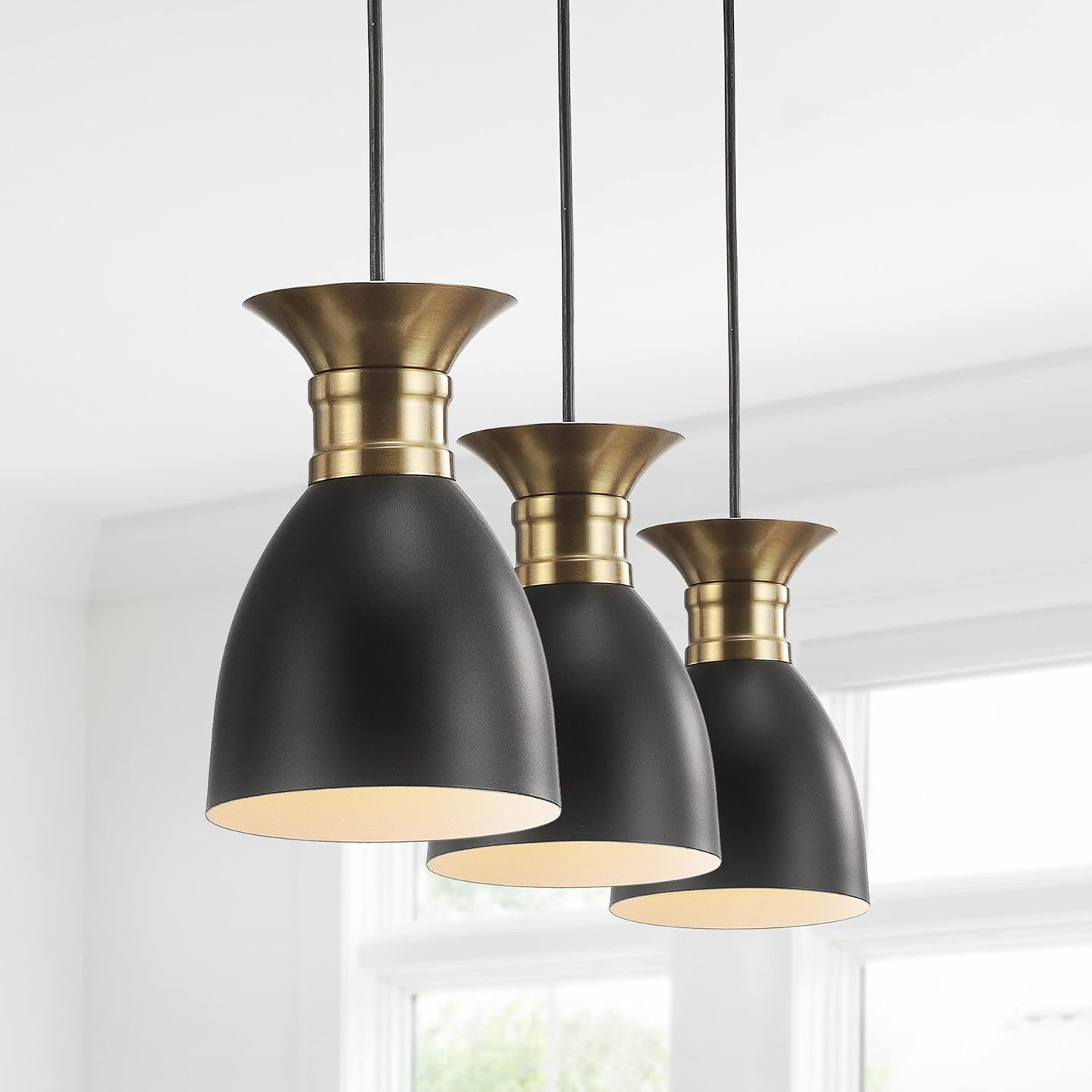 JONATHAN Y 33.25" Black/Brass Gold Modern Metal LED Pendant Light Fixture, Adjustable Hanging Ceiling Lamp for Kitchen Island Bedside, Metal Black Shade, LED Bulb Included (JYL6138A)