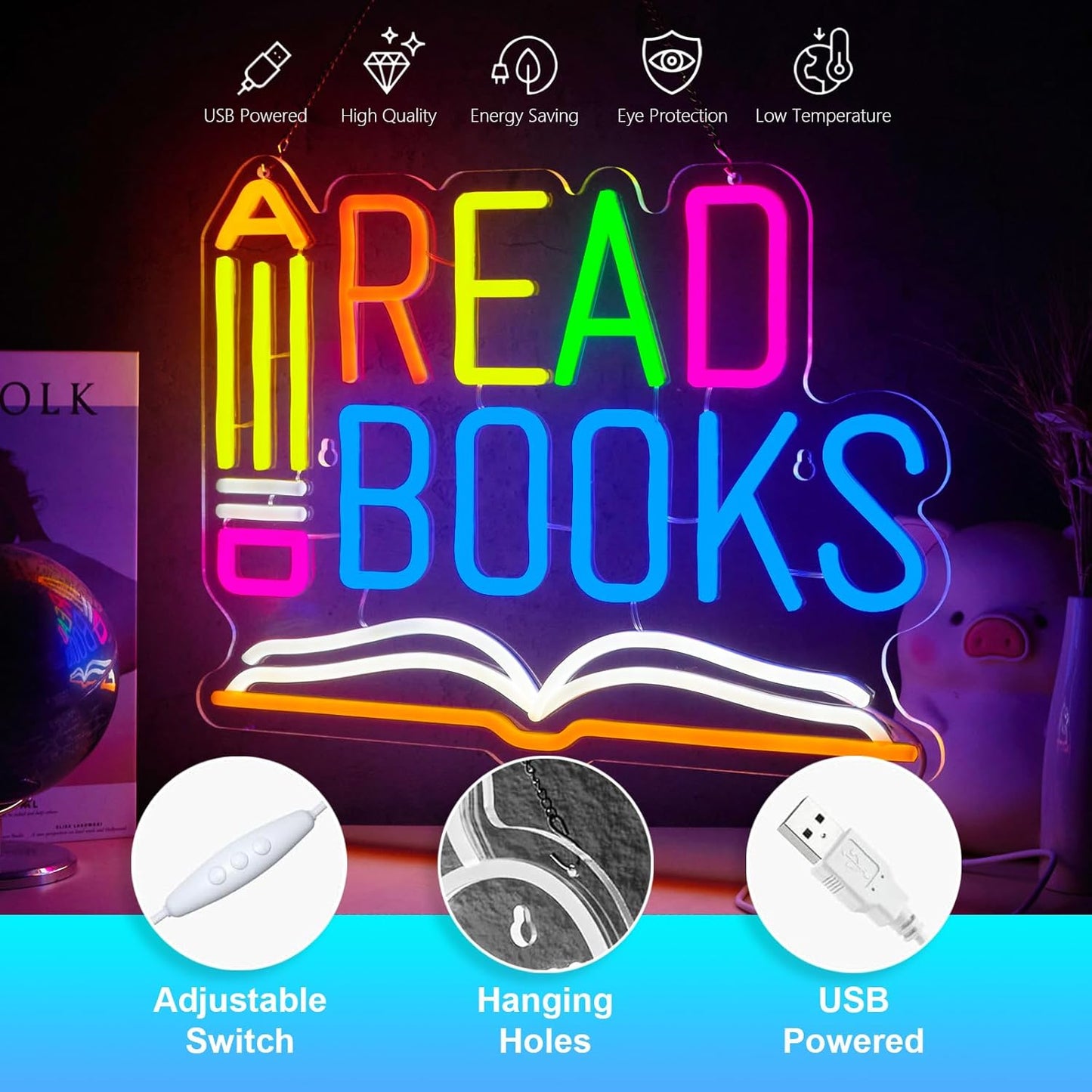 Read Books Neon Sign Read More Books Neon Signs for Wall Decor Pencil and Book USB Dimmable LED Lights for Student Suitable for Classroom Bookstore Library Museum Study Room Gift for Teen Boys Girls Christmas