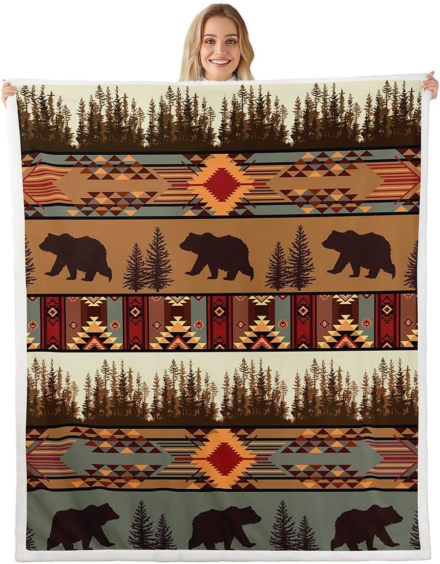 Feelyou Boho Fleece Throw Blanket Throw 50"x60" Bear Plush Blanket for Boys Girls Teens Rustic Sherpa Blanket Cabin Fuzzy Blanket Olive Brown Flannal Blanket