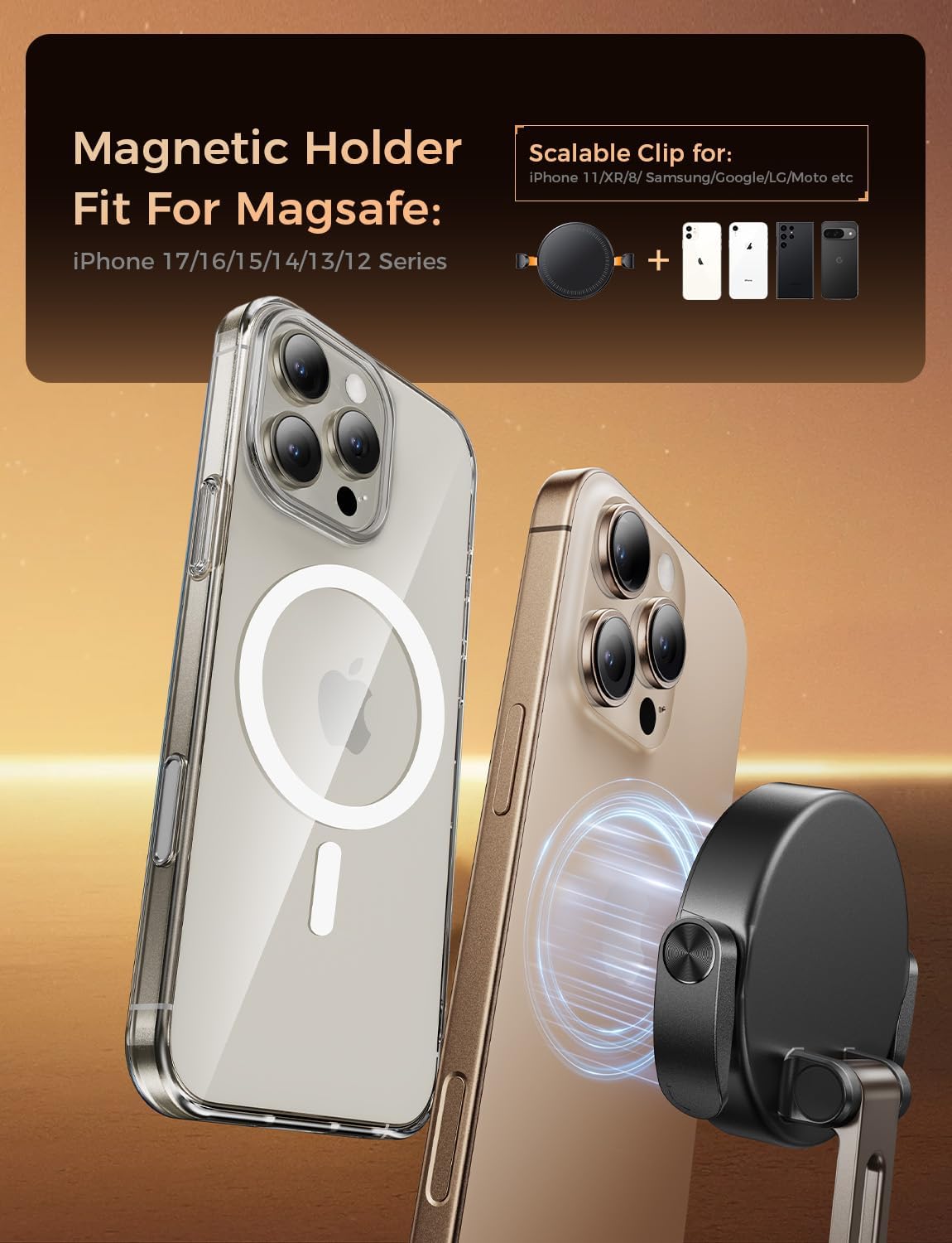 MAGIC JOHN for MagSafe Car Mount [20 N55 Magnets & Clip Arm] 360° Adjustable Magnetic Phone Holder for Car Phone Holder Mount Holders Cell Phone Holders for Your Car Accessories for iPhone 17 Promax