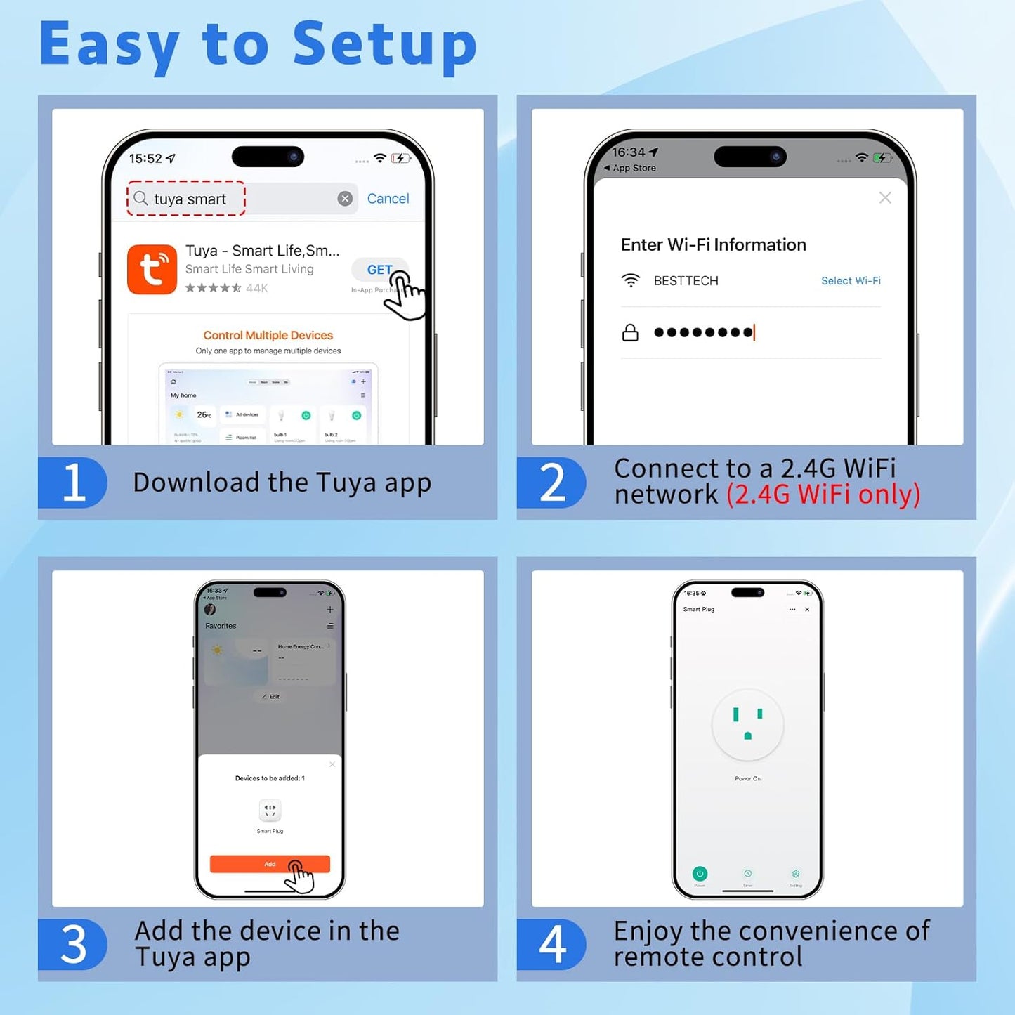 WiFi Smart Outlet Plug with Remote,GreenCycle 2PK Electric Smart Plug with Remote,Compatible with Alexa and Google Home via Tuya,15A/1500W，Remote Control from Anywhere,TUV FCC List(2.4G)
