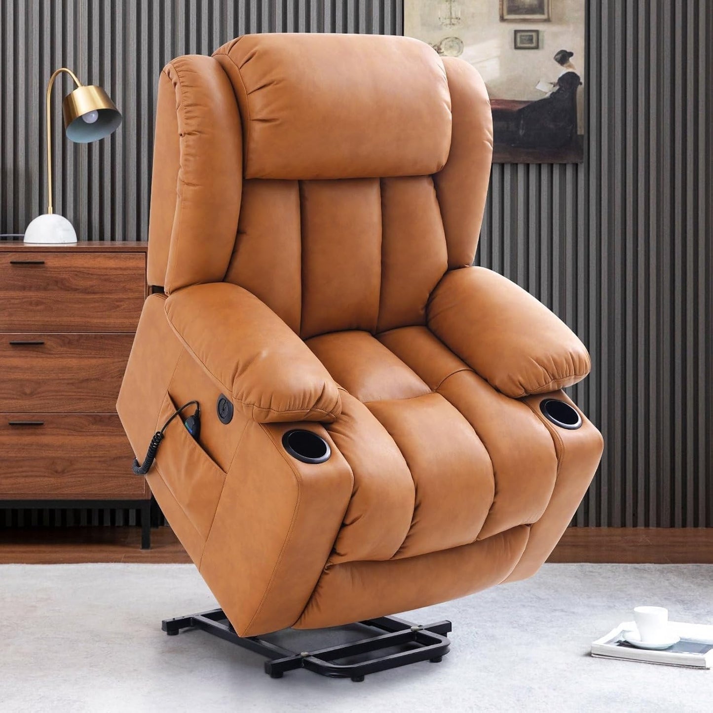 Oversized Power Lift Recliner Chair for Elderly, Big and Tall Electric Lift Chair with Heat and Massage, PU Leather Reclining Sofa with Cup Holders, Side Pockets, USB Port