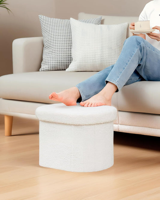 B FSOBEIIALEO Storage Ottoman for Dorm Room, Boucle Folding Storage Ottoman Foot Rest, 16.14 Inches Small Collapsible Ottoman Cube for Living Room White