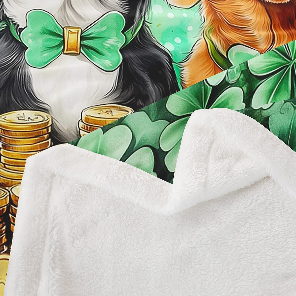 Cute Dogs Throw Blanket Throw 50x60 Happy St.Patrick's Day Irish Style Fuzzy Blanket for Kids Teens Adults Green Lucky Clover Hat Gold Coins Fleece Blanket for Chairs Party