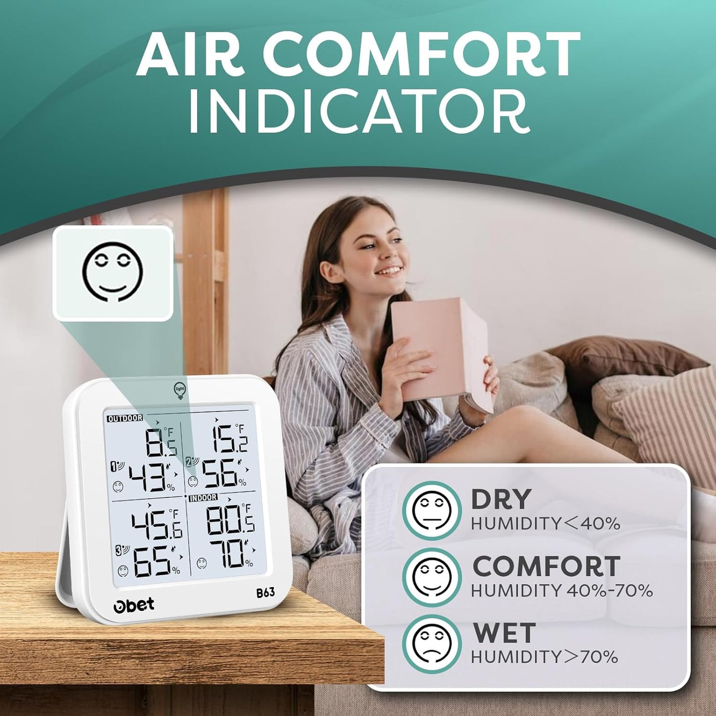 OBET Indoor Outdoor Thermometer Wireless Weather Station with 3 Sensors, Digital Hygrometer Remote Thermometer, Thermometer Temperature Humidity Monitor with Adjustable Backlight, USB Port (500 Feet)