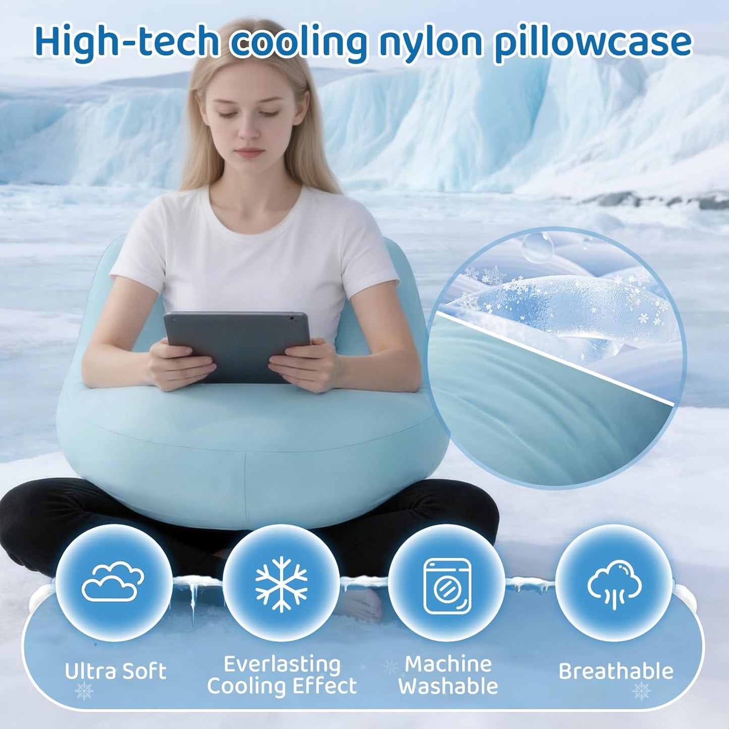 Crochet Pillow for Lap Support - Reading Pillow for Laptop with Extra Back Pillow for Support, Enlarged Gaming Pillow for Lap, Multi-Purpose Reading Pillow for Gaming/Working/Crocheting, Cooling Blue