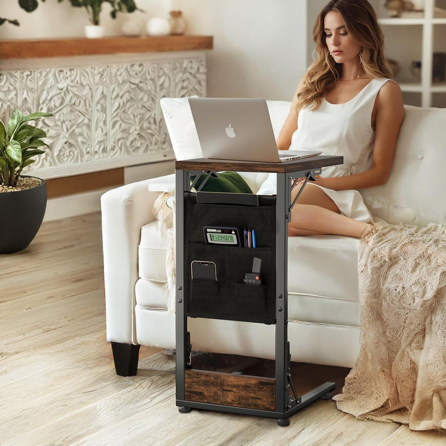 Folding TV Tray Table, Small Folding Side Table with Storage Bag, Portable C Shaped End Stand for Couch Sofa Bed, Rustic Brown