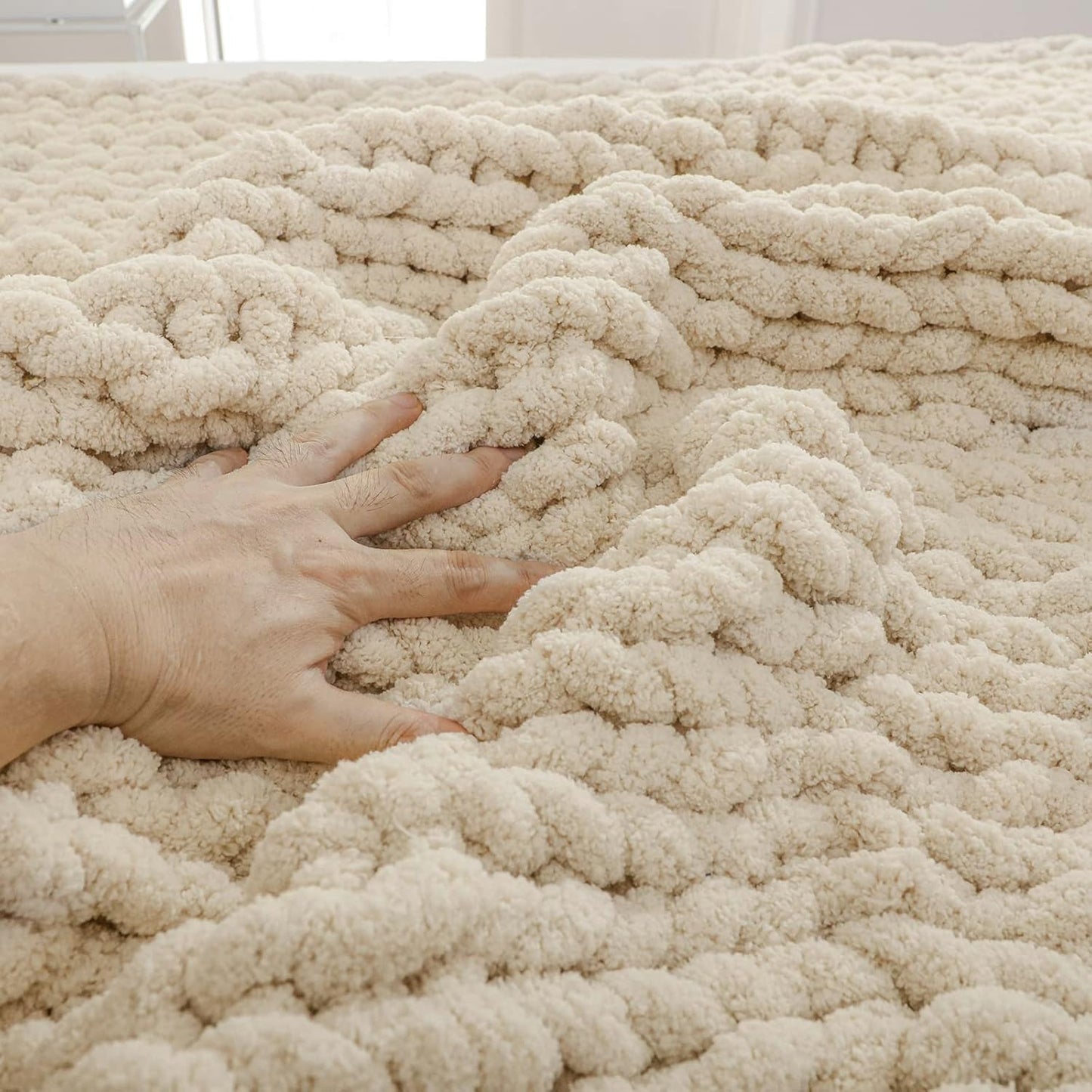 YAAPSU Chunky Knit Throw Blanket for Couch, 51"x63", 100% Hand Knitted Thick Cable Knit with Cozy Jumbo Chenille Yarn, Soft Large Rope Knot Crochet Blankets for Sofa Bed Living Room Décor, Beige