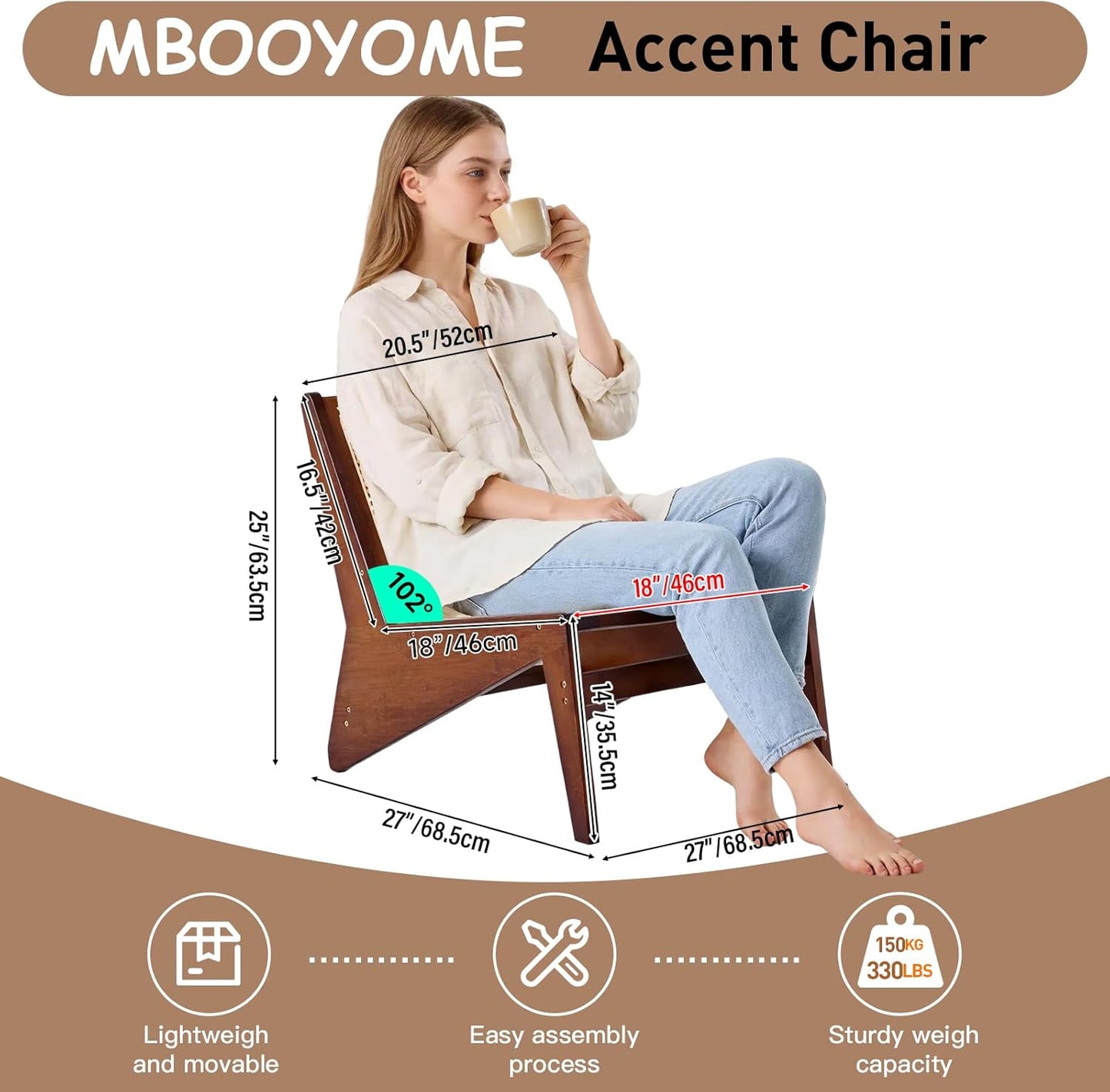 Mid Century Modern Accent Chair for Living Room, Low Lounge Chair with Solid Wood Frame, Comfy Armchair for Bedroom and Balcony, Walnut