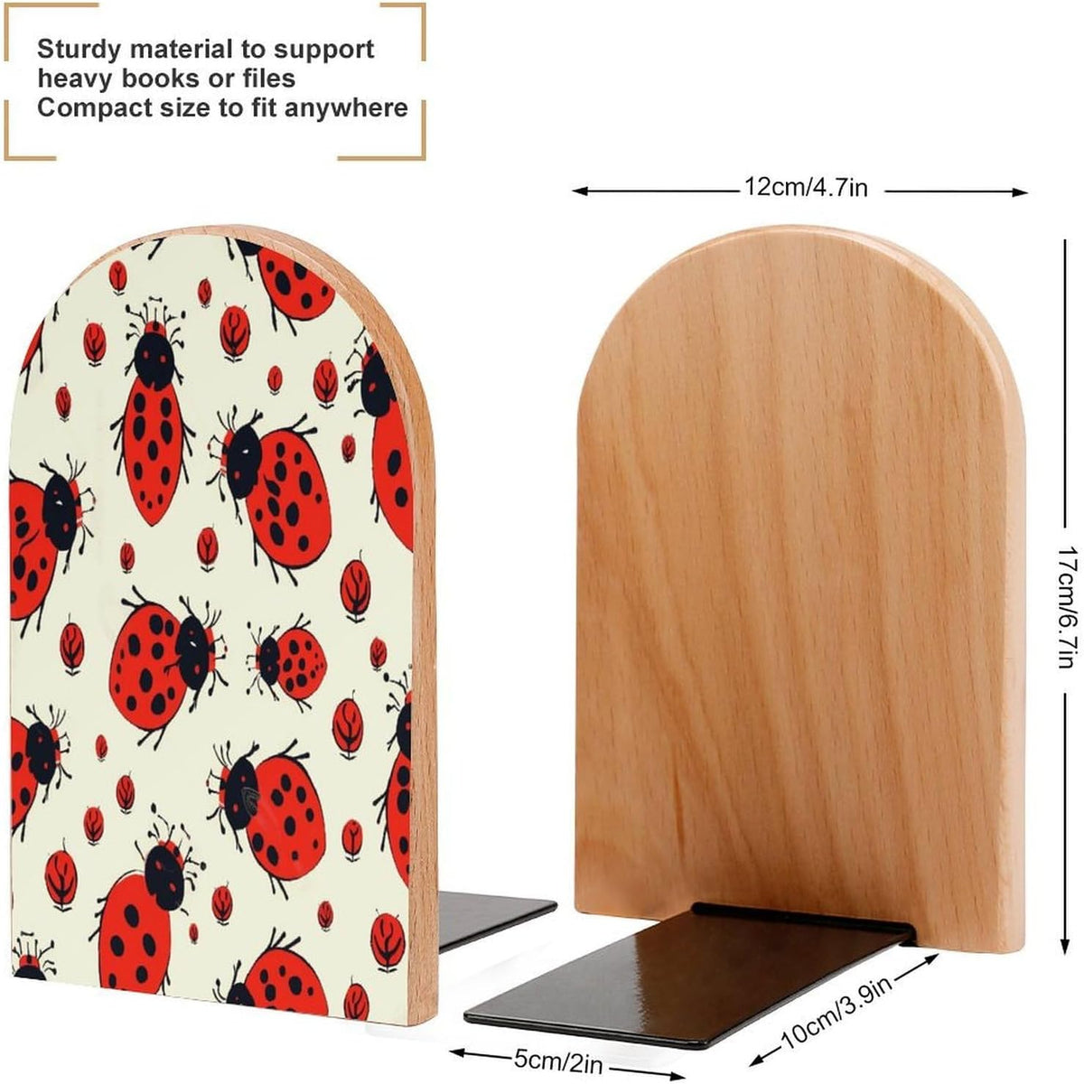 Red Ladybug Wooden Bookend Non-Slip Book Ends Heavy Duty Book Stopper with Metal Base Books Holderd Decorative Bookends Stands Firmly for Office Supplies