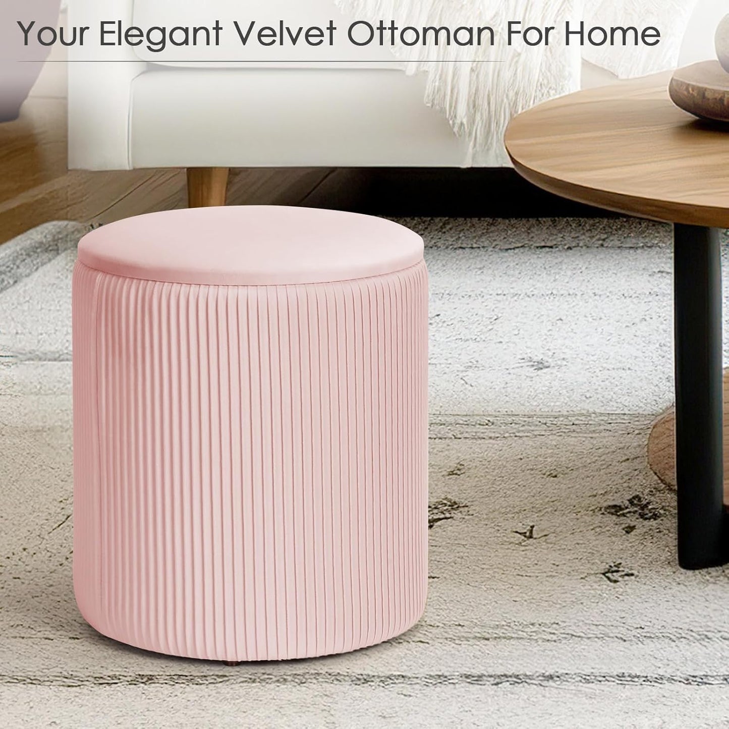 Ottoman with Storage, 2 Set Round Velvet Vanity Stool, Storage Ottoman for Bedroom Living Room, Modern Multifunctional Coffee Table Foot Stool for Dorm (Pink)