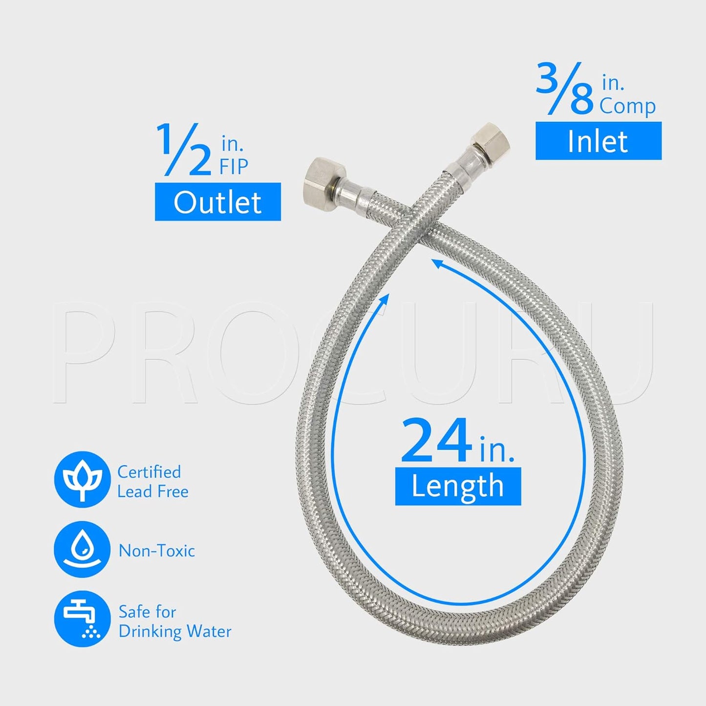 [2-Pack] PROCURU 24-Inch (2Ft) x 3/8" Comp x 1/2" FIP Faucet Hose Connector, Braided Stainless Steel Supply Line, Certified Safe (9SF24-2P)