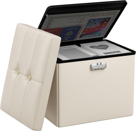 Tamfile Small Ottoman with Storage, 17 x 13 x 13 inch Fireproof Safe Folding Ottoman with Lock for Important Documents, Waterproof Foot Rest Stool with Storage, Ottoman Foot Rest with Handle, Beige