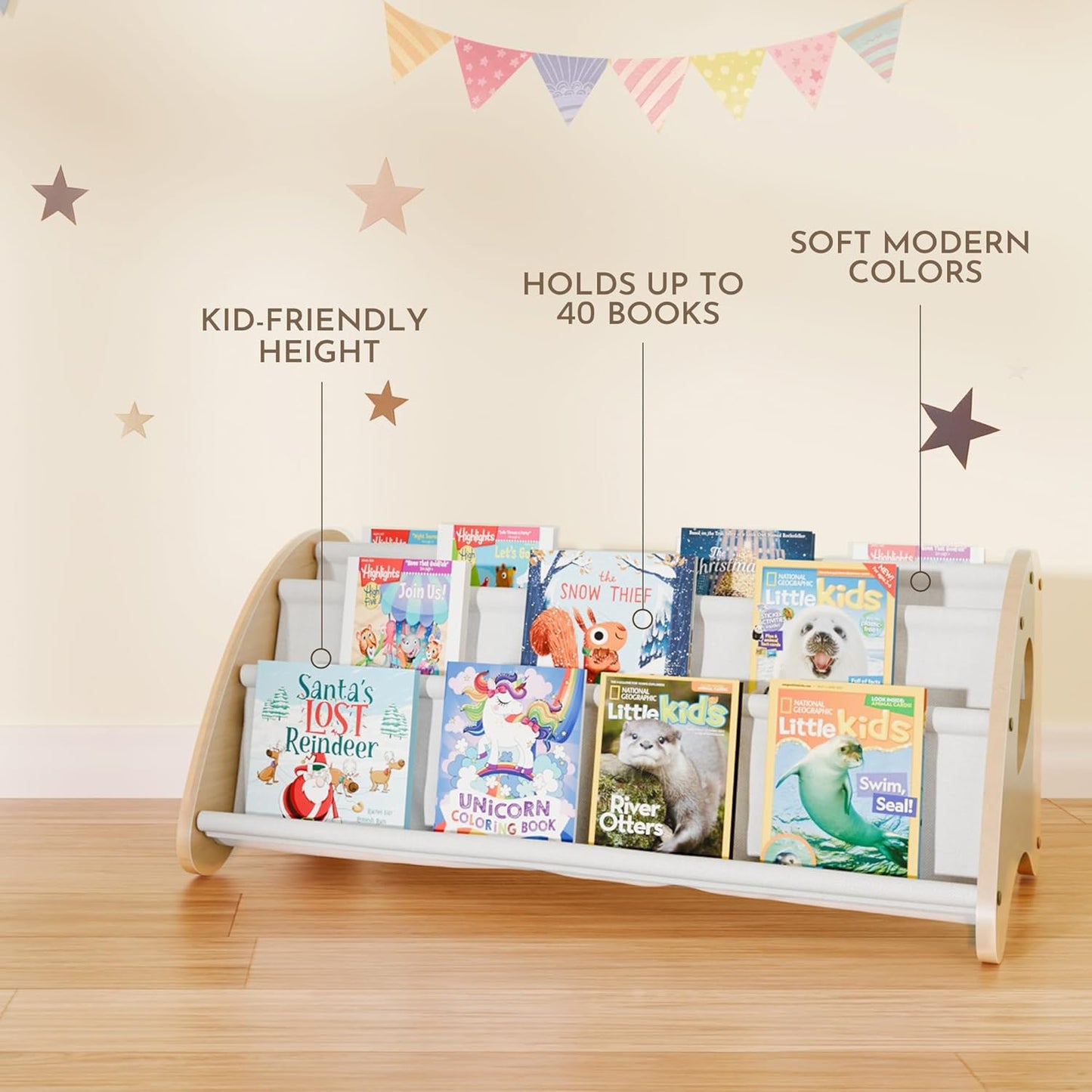 Kids Bookshelf, 4-Tier Montessori Book Shelf for Kids Rooms, Easy Installation, Eco-Friendly Wooden Storage Organizer,28.7” x 15.7” x 13.6” Natural/White