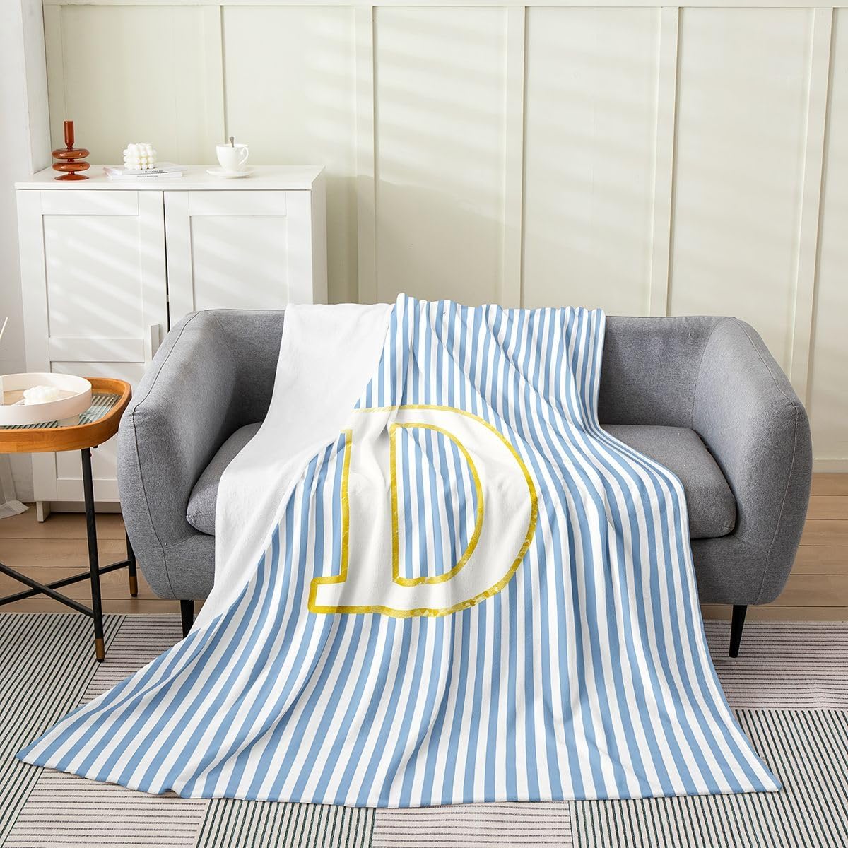 Manfei Initial Letter D Flannel Blanket for Kids Adults,Blue White Striped Flannel Fleece Blanket Queen 90"x90",Modern Aesthetic Stripe Lightweight Bed Blankets All Season Use