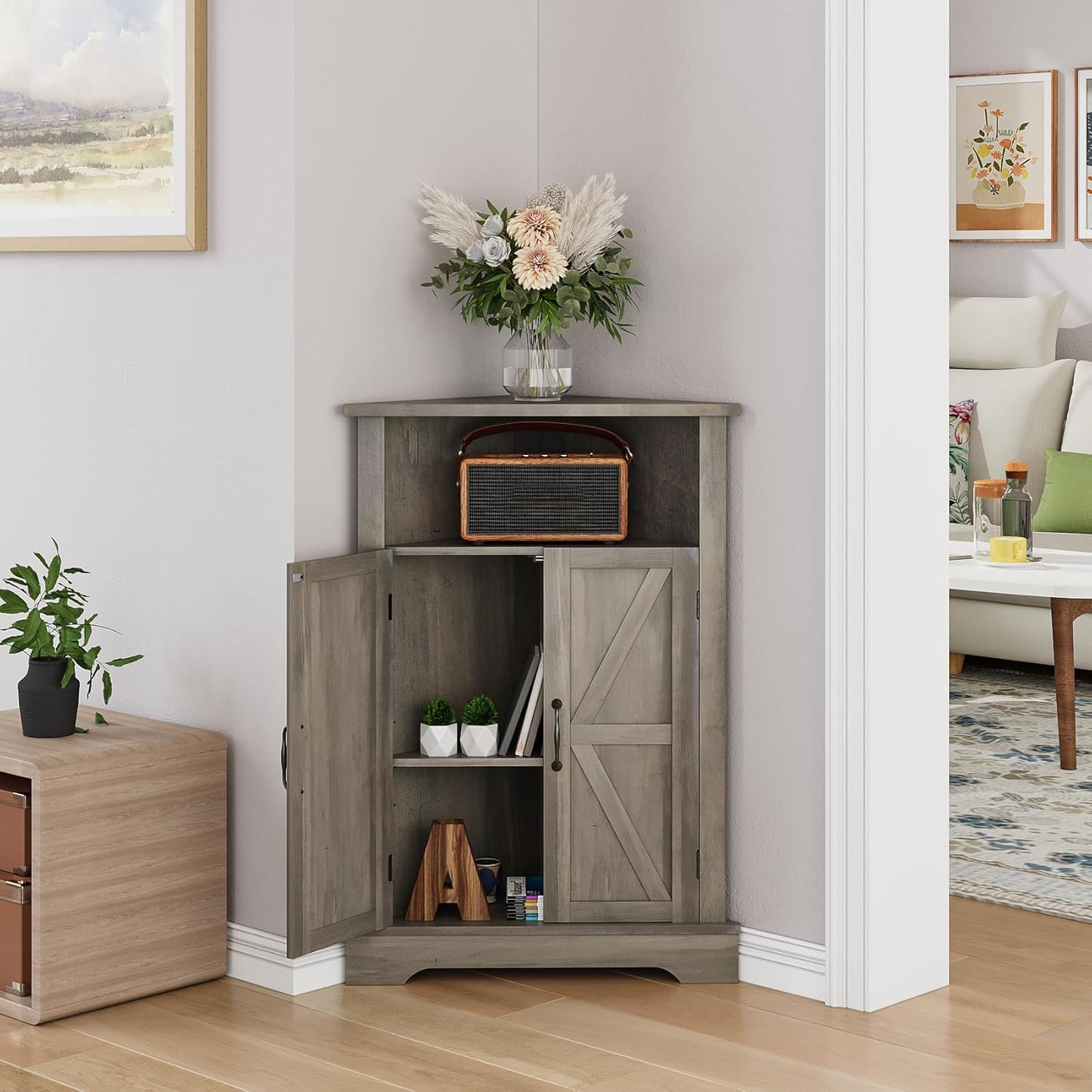 Bathroom Corner Cabinet, Farmhouse Floor Corner Cabinet with Doors and Adjustable Shelves, Freestanding Wooden Storage Hutch Cupboard for Bathroom, Kitchen, Living Room,Grey