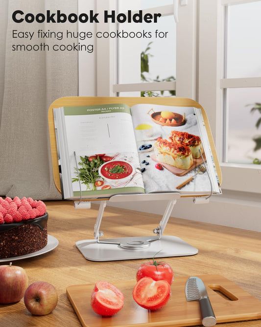 Book Stand for Reading, Aboutool Adjustable Book Holder with 360° Swivel Base & Page Clips, Foldable Cookbook Stand Textbook Stand for Music Scores, Recipe, Tablet, Laptop, Textbook