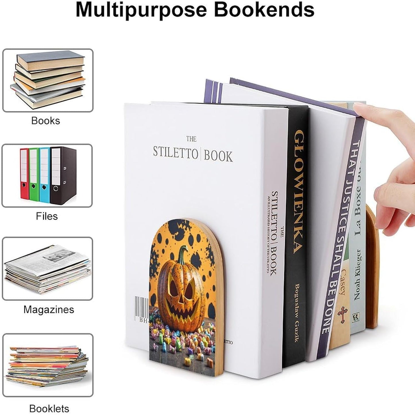 Pumpkins and Candies Bookends 1 Pair Heavy Duty Book Ends for Shelves Non-Skid Bookend Supports Wooden Book Holders with Metal Base Desk Organizers Books Storage to Hold Books