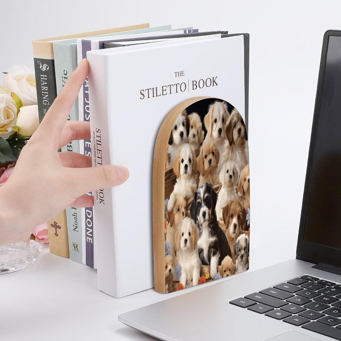 Cute Pet Dogs Bookend for Shelves Wooden Book End Large Size Sturdy Book Holders Stoppers with Metal Base for Bookshelves Slick Decorative Bookends Stands